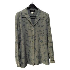 August Silk Size 12 blouse. Gray w/ dark floral‎ print 100% silk. Excellent